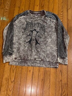 Affliction Women's Gray Washed Crewneck with Black Graphic